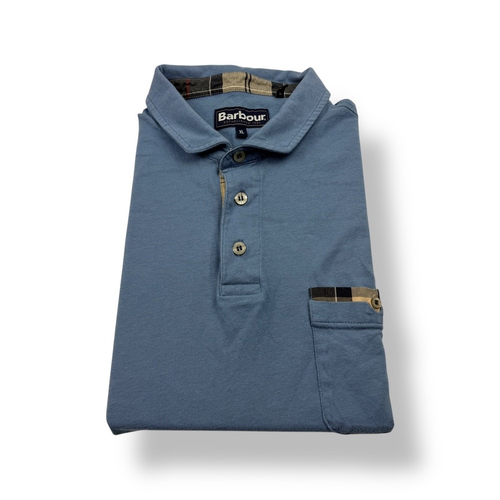 Barbour Mens Blue Short Sleeve Polo Shirt Size XL‎ Plaid Pocket Detail Casual